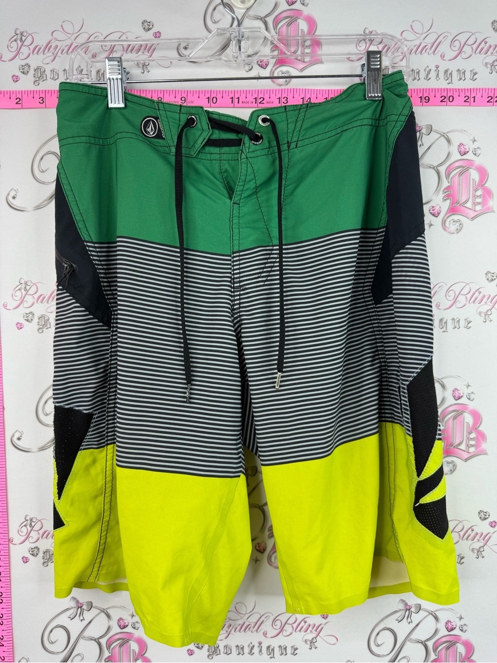 Volcom board shorts surf Green Black Neon Yellow Striped Board Shorts